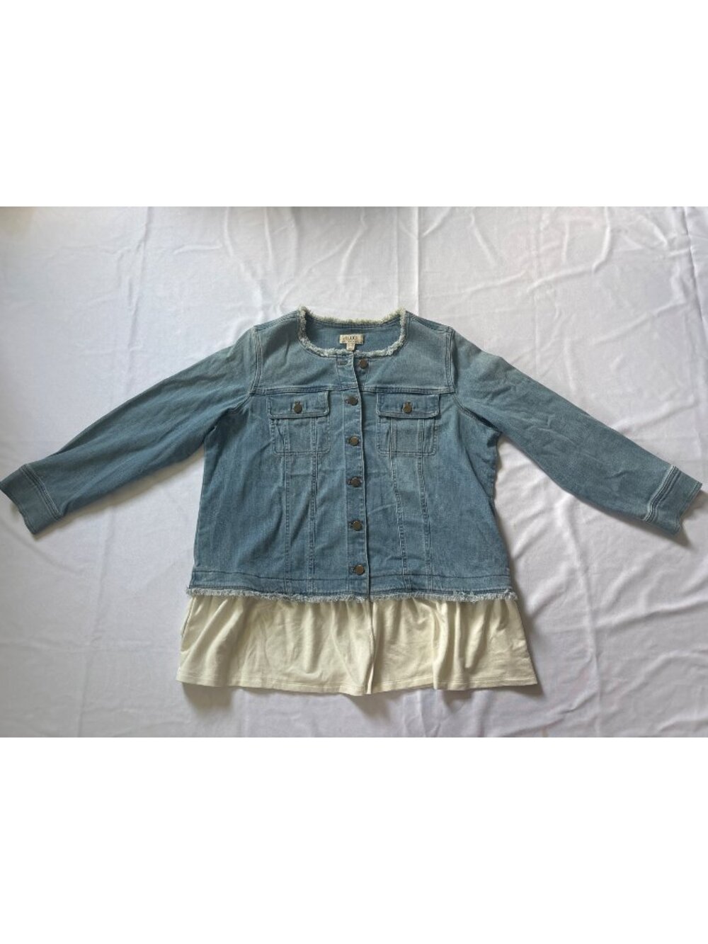 LOGO Lori Goldstein Denim Jacket W/ Frayed Hem & Layered White Shirt Womens 18W